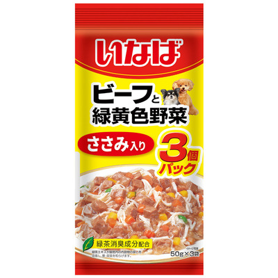 いなば　ビーフと緑黄色野菜　ささみ入り　3個パック(50g×3袋)【賞味期限2025.12】【4個までレターパックライト便430円対応】