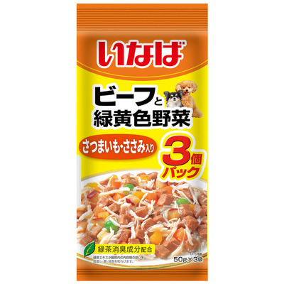 いなば　ビーフと緑黄色野菜　さつまいも・ささみ入り　3個パック(50g×3袋)【賞味期限2025.11】【4個までレターパックライト便430円対応】