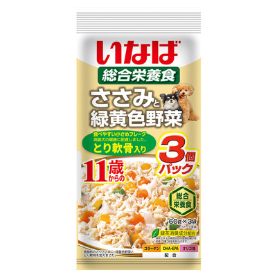 いなば　ささみと緑黄色野菜　総合栄養食　11歳からのとり軟骨入り　3個パック(60g×3袋)【賞味期限2025.10】【4個までレターパックライト便430円対応】